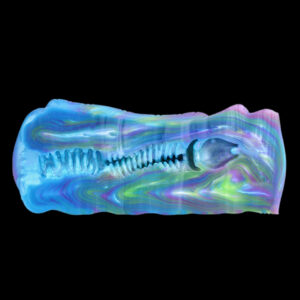 A side view of a male sex toy, showing the inside of this vibrant masturbator.