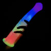 A big rainbow-colored horse dildo is held in a hand against a dark background. The dildo glows in different colors.