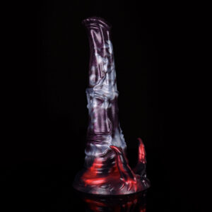 A fantasy horse dildo standing on its solid base. The shaft has bumps, veins and two horns for external stimulation.