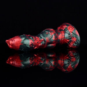 A black and red dragon dildo in front of a black background. The dildo features a big knot and veins for extra stimulation.