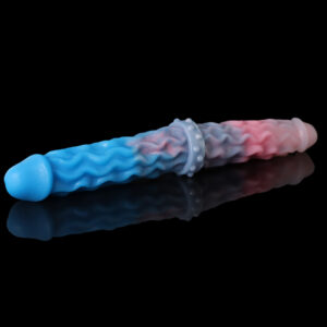 A silicone double dildo resting on a black surface. The dildo is blue and pink, and features a lot of texture and ridges.