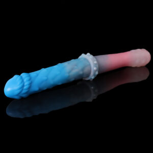 A blue and pink double dildo displayed against a sleek black background, emphasizing its vibrant colors and modern design.