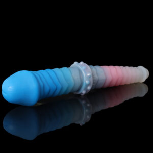 A blue and pink double dildo, laying on a black and reflective surface.